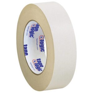 A roll of 1 1/2 x 36 yds. Tape Logic® Double Sided Masking Tape (24 Rolls/Case) featuring Tape Logic branding in blue and red inside the core, is elegantly displayed on a white background—ideal for precise and clean applications.
