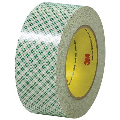 T957410.jpg A 2 x 36 yds. roll of 3M™ - 410M Double Sided Masking Tape features a transparent tape with a green and white plaid design and a yellow core with red 3M. It reflects light brilliantly, adding to its glossy allure.