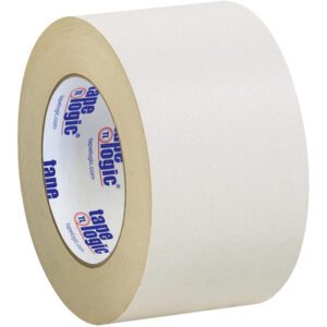 A large roll of Tape Logic® Double Sided Masking Tape from the 3 x 36 yds. (3 Pack) set features a white tape with a tan inner edge and an inner core displaying the iconic tape logic logo, showcasing its thickness and glossy texture when positioned upright.