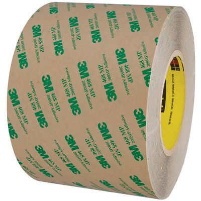 T9606468.jpg The 6 x 60 yds. 3M™ 468MP Adhesive Transfer Tape Hand Rolls feature green 3M™ 468MP text and a yellow core with black text. It stands upright, showcasing its width and thickness, and is sold in cases of eight rolls.