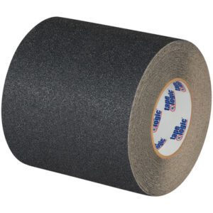 The 6 x 60 Black Heavy Duty Tape Logic® Anti-Slip Tape features a gritty texture and prominent thickness, highlighted by its white labeled inner branding. Designed for traction, this single roll ensures safety with its robust surface.