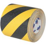 A 6 x 60 Black/Yellow Striped Heavy-Duty Tape Logic® Anti-Slip Tape roll features diagonal stripes, a branded inner side, and a rough texture for safety or traction, ideal for preventing slips.