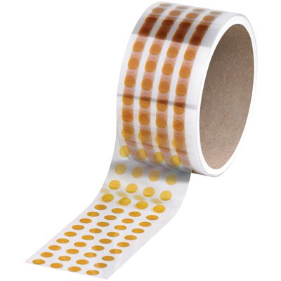 T961293.jpg A roll of tape showcases rows of 1/4 dots in yellow and orange similar to Kapton® Discs (1000/Roll). When partially unrolled, it reveals this fun pattern on a clear strip with the core offering an intriguing peek into its vibrant design.