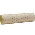 The 12 x 60 yds. 3M™ 9502 Adhesive Transfer Tape Hand Roll showcases tan adhesive paper with green markings, revealing a yellow interior. It accommodates various uses and is available in a case of four rolls.