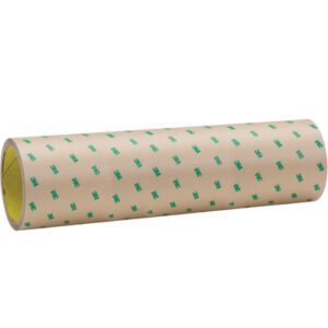 The 12 x 60 yds. 3M™ 9502 Adhesive Transfer Tape Hand Roll showcases tan adhesive paper with green markings, revealing a yellow interior. It accommodates various uses and is available in a case of four rolls.