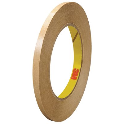T9614656PK.jpg A 6-pack of 1/4 x 60 yds. 3M™ 465 Adhesive Transfer Tape Hand Rolls with a thin, brown tape and yellow core displaying the red 3M logo is shown upright, emphasizing its circular shape and narrow width.