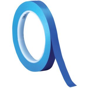 A slightly unrolled roll of 1/4 x 36 yds. Blue (3 Pack) 3M Vinyl Tape 471 lays against a white background, offering vibrant color, precision, and durability for your projects.