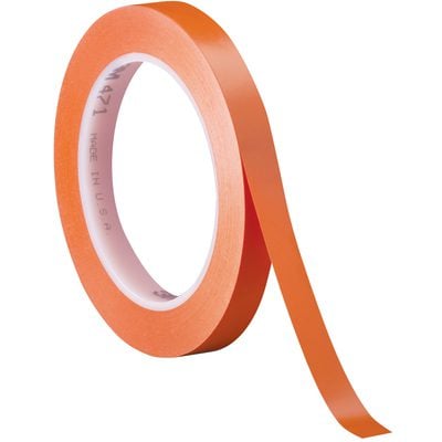 T9614713PKO.jpg A partially unwound roll of 1/4 x 36 yds. Orange (3 Pack) 3M Vinyl Tape 471, with a white text core, is displayed against a plain white background.