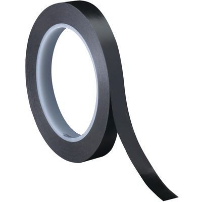 T961471B.jpg A roll of 1/4 x 36 yds. Black 3M Vinyl Tape 471 from a case of 144 rolls, partially unrolled to show its white core, sits against a white backdrop.