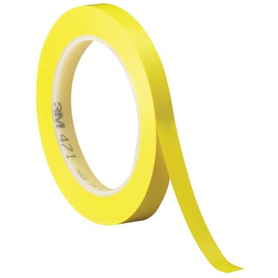 T961471Y.jpg A partially unrolled 1/4 x 36 yds. Yellow 3M Vinyl Tape 471, showcasing its smooth surface and white core, stands against a plain white background, part of a case containing 144 rolls.