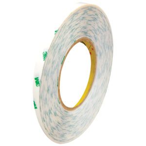 This pack of six 1/4 x 60 yds. 3M™ 9085 Adhesive Transfer Tape Hand Rolls features the iconic white and green logo, with a thick structure and visible yellow core, highlighting its precise and durable adhesive edges.