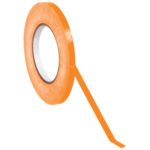 A roll of MH-USA 3/8 x 180 yds. orange tape is shown with a cut piece hanging down. Ideal for big projects, its narrow width and clear inner core are highlighted against a crisp white background. Available in a convenient 16 pack per case.