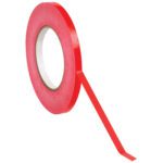A roll of MH-USA 3/8 x 180 yds. red adhesive tape, part of a versatile 16-pack set against a white background, features a strip peeling off for easy use and storage.