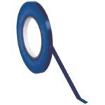 A roll of MH-USA 3/8 x 180 yds. Dark Blue Bag Tape (96 Rolls/Case) with an outward-extending piece highlights its thin utility. The white inner core and pristine white background accentuate the vivid color of this essential packing tool.