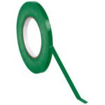 A roll of MH-USA 3/8 x 180 yds. Dark Green Bag Tape, glossy and partially unwound, extends its sleek strip outward from a neatly rolled white hollow core, casting a subtle shadow on the light background.