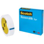 A roll of 1/2 x 36 yds. Scotch® Magic™ Tape 811 (Removable) is shown beside its blue box with the iconic black and yellow Scotch logo, highlighting Removable Tape and conveniently packaged at 12 rolls per case.