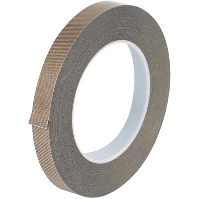 T963223.jpg A roll of MH-USA 1/2 x 36 yds. 10 Mil - PTFE Glass Cloth Tape, with white inner core, stands upright, its crinkled brown texture and lifted loose end illustrating the tapes durability and versatility over the entire 36-yard length.