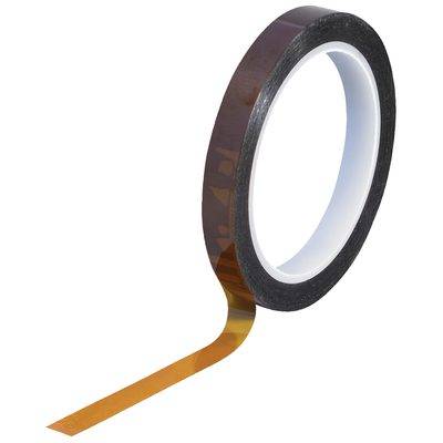T963291.jpg A partially unfurled roll of 1/2 x 36 yds. 1 Mil Kapton® Tape with a glossy brown finish rests against a plain white background, exemplifying its durability and reliability.