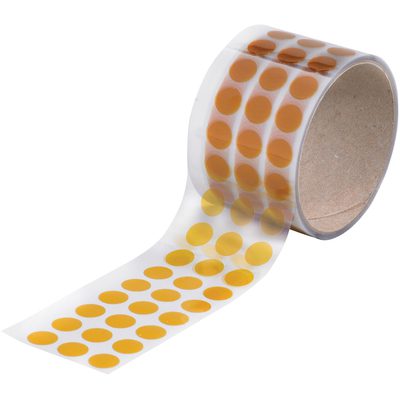 T963293.jpg This roll of 1/2 diameter Kapton® Discs (1000 per roll), partially unrolled, highlights a repeating orange dot pattern. Perfect for precise applications, it comes with a durable cardboard core.