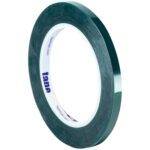 The 1/2 x 72 yds. (2 Pack) Tape Logic® Green PET Tape has a transparent outer surface and a white inner core, showing the brand name and website URL in blue. It is displayed upright for convenience.