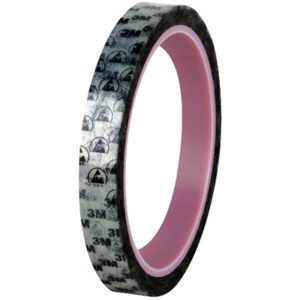 This 1/2 x 72 yds. (1 Pack) 3M™ 40PR Anti-Static Printed Tape has a transparent outer layer, pink core, and is decorated with black text and symbols, including the 3M logo and a triangle with an arc above it.