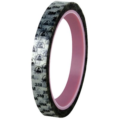 T96340PR1PK.jpg This 1/2 x 72 yds. (1 Pack) 3M™ 40PR Anti-Static Printed Tape has a transparent outer layer, pink core, and is decorated with black text and symbols, including the 3M logo and a triangle with an arc above it.
