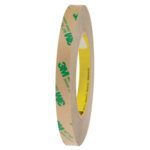 The 1/2 x 60 yds 3M™ 467MP Adhesive Transfer Tape Hand Roll (6 Pack) features a beige exterior with green branding and a yellow core, available in cases of six for versatile use.