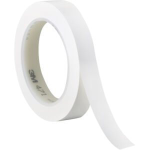 A roll of 1/2 x 36 yds. white (3 Pack) 3M Vinyl Tape 471 partially unwinds against a plain background, highlighting its pristine appearance and versatile applications.