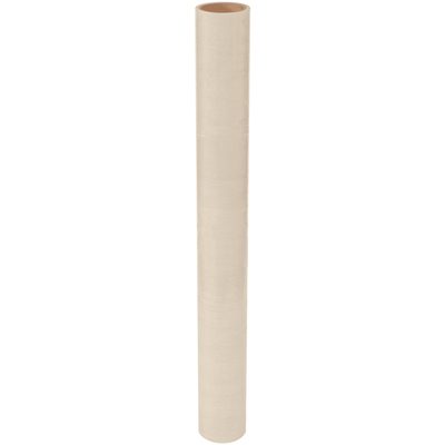 T96366215.jpg A tall roll of MH-USA 36 x 200 Glass Protection Tape stands upright against a white background, with its narrow profile and smooth, eye-catching surface reminiscent of beige parchment paper.