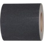 The 36 x 60 Black Tape Logic® Anti-Slip Tape (1 Roll/Case) features a coarse texture, wrapped around a cardboard core, offering a gritty surface perfect for enhancing grip in slippery areas.