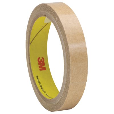 T9639276PK.jpg The 3M™ 927 Adhesive Transfer Tape Hand Rolls, 1/2 x 60 yds. (6 Pack), feature beige tape with yellow cores and red 3M branding, ideal for painting and general tasks. They are thin cylinders with smooth edges and a light brown inner surface.