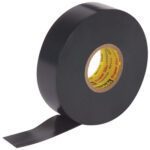 A roll of 3/4 x 66 Scotch® Super 33+ Vinyl Electrical Tape (100 Rolls/Case) with a yellow and red core is partially unrolled, showing the adhesive side on a white background.