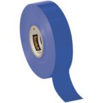 A partially unrolled roll of 3/4 x 66 blue Scotch® Vinyl Color Coding Electrical Tape 35 displays its inner label, highlighting the brand and its glossy, smooth texture.