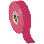 A roll of vibrant pink Scotch® Vinyl Color Coding Electrical Tape 35 from the 3/4 x 66 Violet (10 Pack) set is partially unrolled, revealing its adhesive side and boasting a glossy finish against a white background.