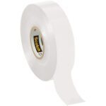 A roll of transparent Scotch tape is partially unrolled against a plain white background, revealing the glossy surface and the classic black and yellow Scotch logo on its cardboard core, like that of the 3/4 x 66 White Scotch® Vinyl Color Coding Electrical Tape 35 (100 Rolls/Case) collection.