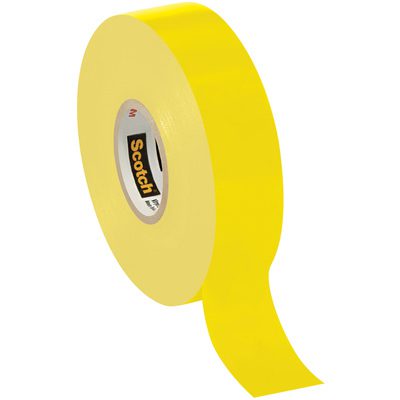 T964035Y.jpg A roll of 3/4 x 66 Yellow Scotch® Vinyl Color Coding Electrical Tape 35, partially unrolled and vertically positioned, shows the brand name on its inner core. Ideal for organizing and identifying electrical work. (100 Rolls/Case).