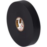 The 3/4 x 30 Black (3 Pack) Scotch® Linerless Rubber Splicing Tape 130C, with a visible label on the inner cardboard ring, is coiled neatly to showcase its smooth texture and meet your splicing needs.