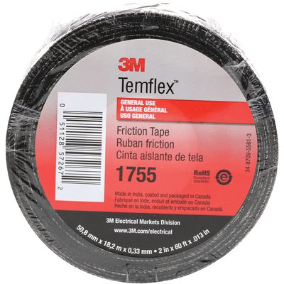 T9641755.jpg The 3M Temflex Friction Tape, ideal for general use, is black and measures 50.8 mm wide by 18.2 meters long, similar to the 3/4 x 60 Black 3M™ 1755 Cotton Friction Tape (20 Rolls/Case), with multilingual packaging indicating Indian manufacture and Canadian compliance.
