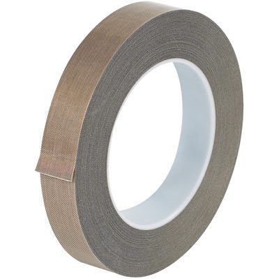 T964223.jpg A roll of brown textured tape with a white core is viewed at an angle, showcasing MH-USA 3/4 x 36 yds. 10 Mil - PTFE Glass Cloth Tape (36 Yds/Roll). A small section is slightly lifted, highlighting its durable build and texture.