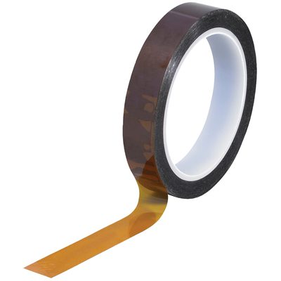 T964291.jpg A roll of 3/4 x 36 yds. 1 Mil Kapton® Tape, partially unrolled, highlights its thin, translucent quality against a white background.