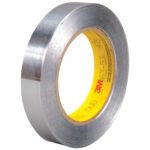 A partially unwound roll of 3M - 425 Aluminum Foil Tape (3/4 x 60 yds.), with a yellow inner core shows its reflective silver surface. The brand name and writing appear on the core. (48 Rolls/Case).