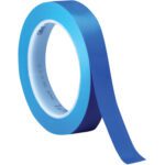 A roll from the 3/4 x 36 yds. Blue (3 Pack) 3M Vinyl Tape 471 showcases its glossy blue strip with a Made in the USA core visible, standing vertically against a white background for precise applications.