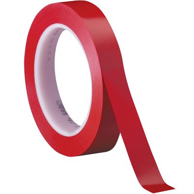 T9644713PKR.jpg A roll of red 3M Vinyl Tape 471 from a 3-pack, measuring 3/4 x 36 yds., stands upright with one end slightly unrolled, revealing text on its white core against a plain white background.