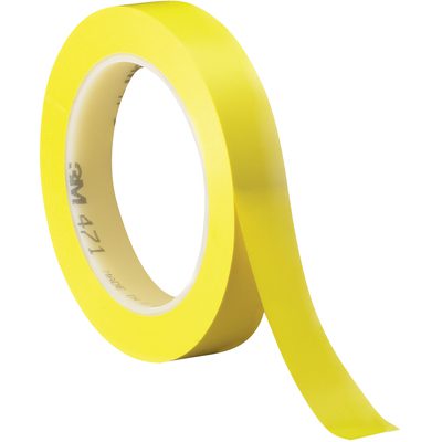 T9644713PKY.jpg The 3M Vinyl Tape 471, in bright yellow and measuring 3/4 x 36 yds., is labeled 3M 471 on the inside and is ideal for marking or masking tasks. It features a smooth, flexible finish and comes in a convenient pack of three.