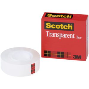 A roll of 3/4 x 72 yds. Scotch® Transparent Tape 600 is beside its red box, displaying the iconic logo, Transparent in white, and a tartan pattern on the tapes edge.
