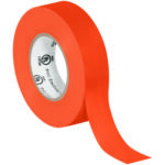 A roll of MH-USA electrical tape in orange with a partially unrolled strip reveals the inner label displaying text and a logo. This tape, measuring 3/4 x 20 yds., has a smooth texture and glossy finish and is available in an Orange (10 Pack) for versatile use.