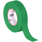 A partially unrolled green MH-USA 3/4 x 20 yds. electrical tape features a white inner circle with text and symbols, ideal for various electrical tasks and insulation. Part of a convenient 10 Pack, its perfect for versatile use.