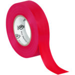 A roll of MH-USA 3/4 x 20 yds. red electrical tape from the (10 Pack), partially unrolled, shows a labeled core with text and logos. The tapes glossy, vibrant red stands out against a plain white background.