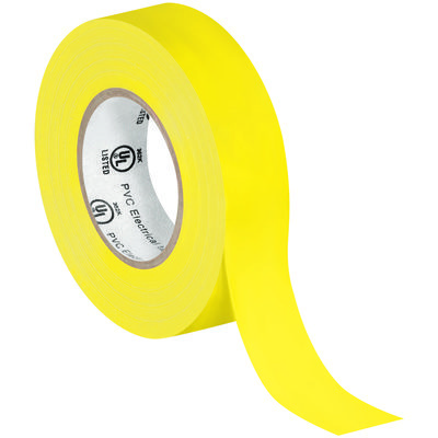 T96461810PKY.jpg A roll of MH-USA 3/4 x 20 yds. Yellow Electrical Tape, part of a (10 Pack), sits against a white background. The bright tape is partially unrolled, revealing its inner side, ideal for all wiring needs.