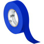 A roll of MH-USA 3/4 x 20 yds. blue electrical tape with a partially unrolled strip is displayed. It features a cardboard core and is labeled as PVC electrical tape, available in cases containing 200 rolls.